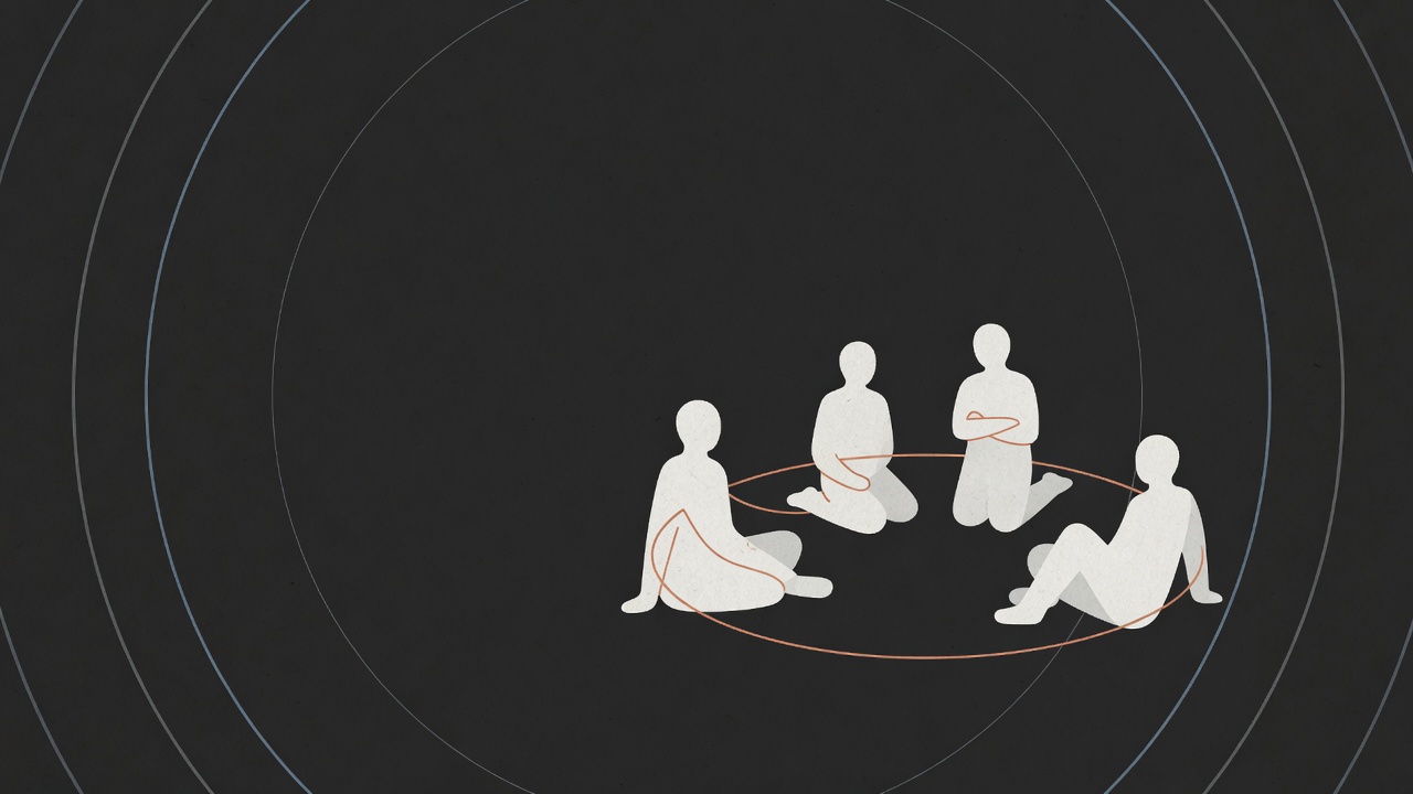 A small group sitting together inside quiet concentric rings, connected to one another.