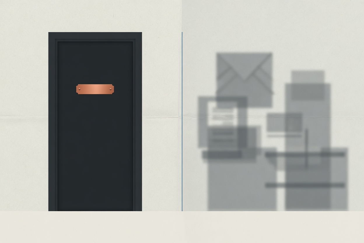 The name on a door is in focus; whatever is behind it stays blurred and private.